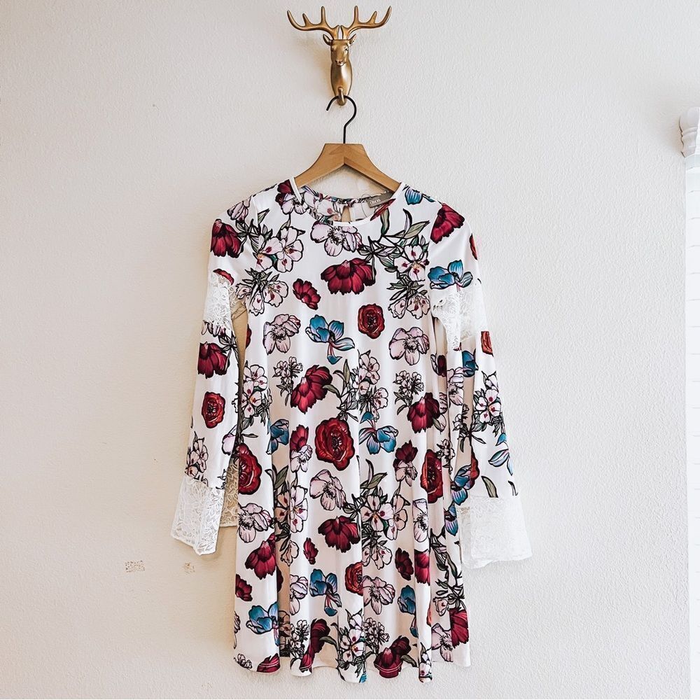 Asos Women's White/Red Floral Long Sleeve Mesh Mini Dress Size 2 NWT